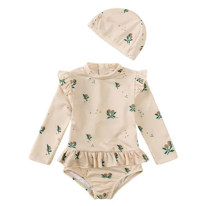 Girls Cute Backless Floral One-piece Swimsuit Baby Bikini Swimwear with hat Sun-proof Beach Vacation Toddlers Kids Chic Swimsuit