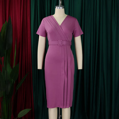 Summer New 2026 Women's Solid Color V-Neck Short Sleeve Dress Pencil Skirt Waist Tunle Material Fashionable Casual Maxi Dress