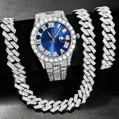 3/4PCS Hip Hop Iced Out Men's Watch Jewelry Set Luxury Rhinestone Quartz Wristwatch Cuban Link Chain Accessories（Without Box）