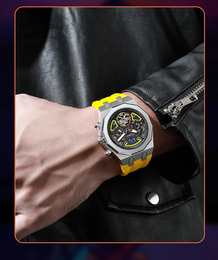 Luxury Tourbillon Watches Men Fashion Sport Rubber Strap Moon Phase Date Waterproof Automatic Mechanical Wrist Watch Man Reloj