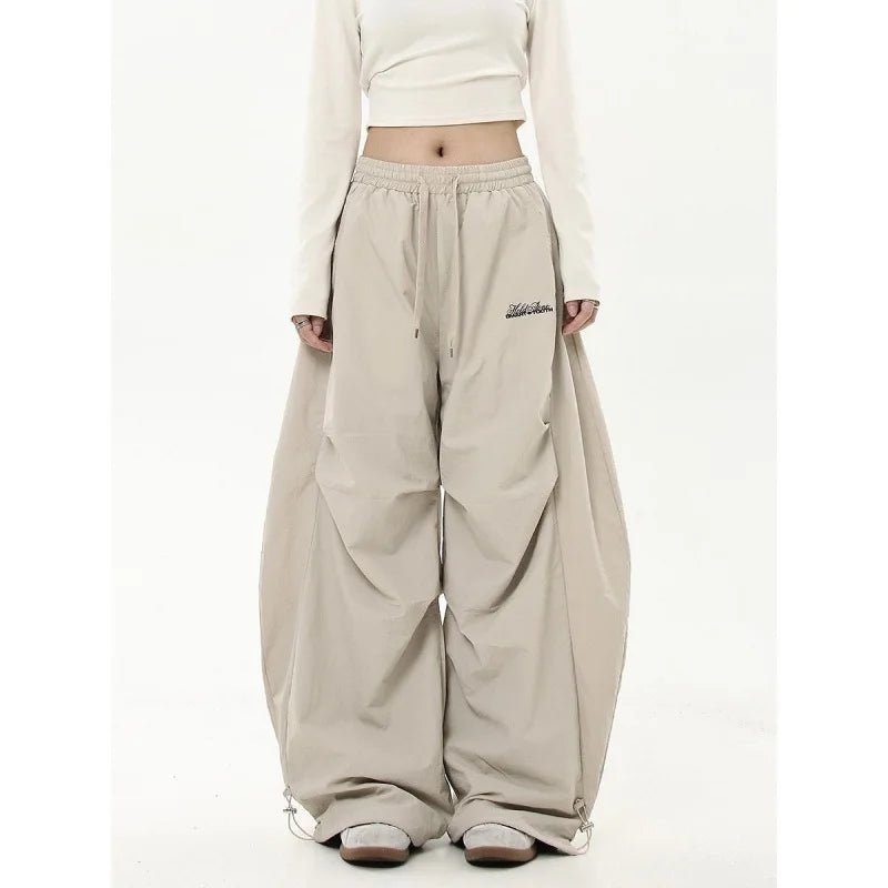 American retro high-end pleated paratrooper work pants, loose wide leg banana curved knife pants, high waisted drawstring pants