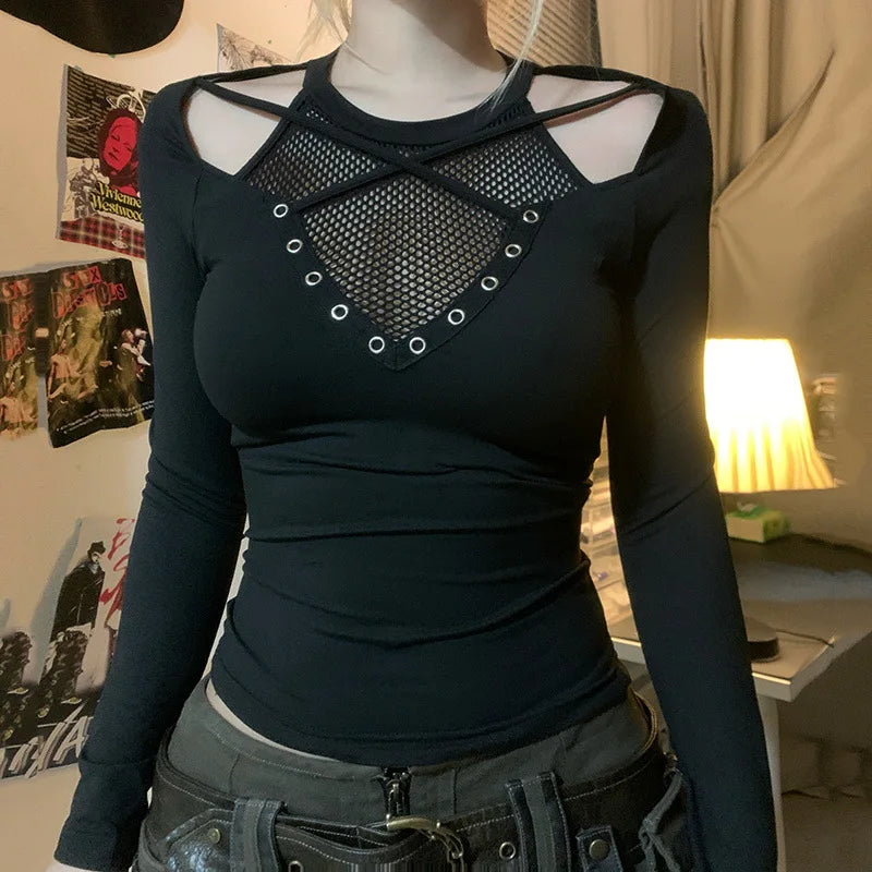 Goth Dark Solid Techwear Chic Irregular Grid Hollow Out T-shirt Mall Goth See Through Slim Tops Women Y2K Streetwear T-shirts