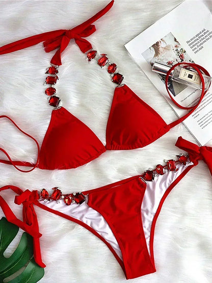 2026 Shiny Rhinestone Diamond Bikini Women Swimsuit Female Swimwear Two Pieces Bikini Set Halter Metal Chains Bathing Suit Swim