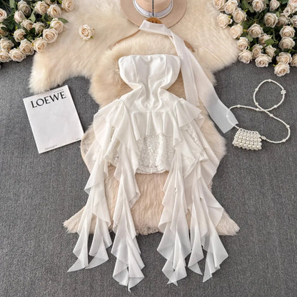Foamlina French Style White Strapless Dress Women Summer Lace Irregular Flanged Ribbon Design Girl's Holiday Shopping Dresses