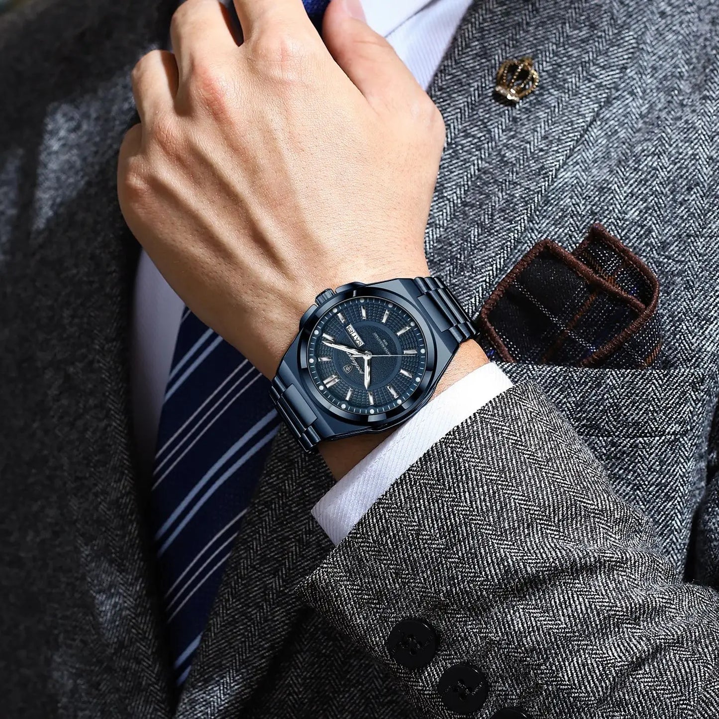 POEDAGAR Top Business Men's Watches Stainless Steel Waterproof Luminous Man Watch Date Week Quartz Casual Fashion Men Wristwatch