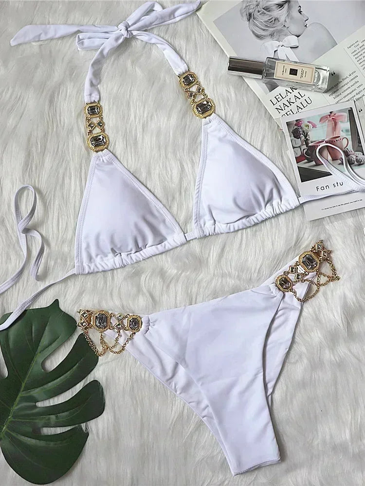 2026 Shiny Rhinestone Diamond Bikini Women Swimsuit Female Swimwear Two Pieces Bikini Set Halter Metal Chains Bathing Suit Swim