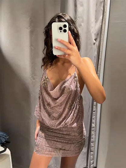 Sexy Sequin Women's Beads Sling Dress Fashion V-Neck High Waist Slim Fit Lady's Dresses Summer Beach Holiday Party Robes