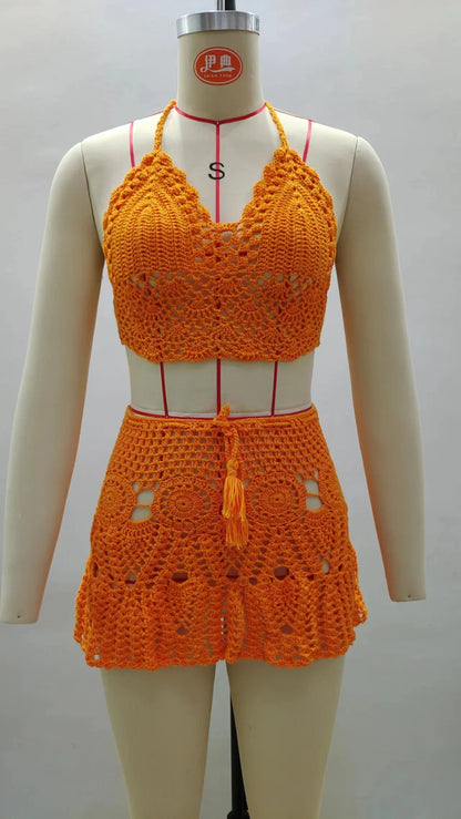CROCHET BIKINI Two-piece Crochet Women Bikini Set Cover Up Swimsuit Swim Skirt Swimwear Bathing Swimdress Beachwear