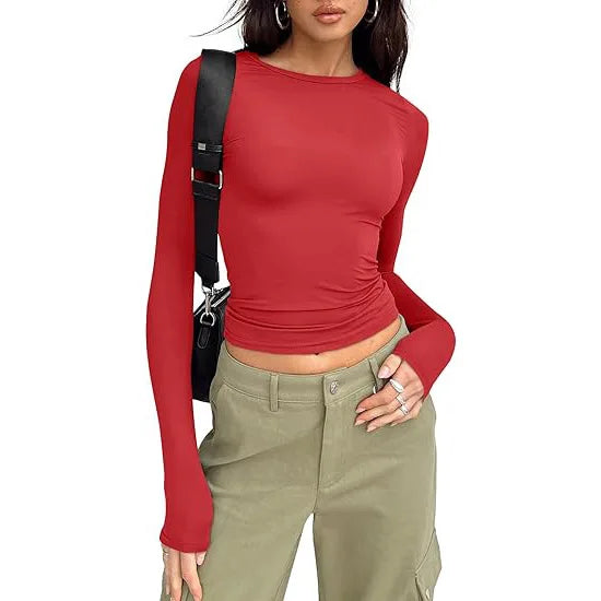 1pcs Four Seasons Fashion Senior Women T-shirt Long Sleeve Crew Neck Solid Slim Fit Tee Ladies Crop Top  Daily Streetwear Camis