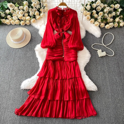 Elegant Autumn Ruffles Long Sleeve Maxi Mermaid Dress Women Hollow Out Casual Satin Fishtail Cake Dresses Prom Evening Vestidos