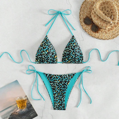 Sexy Leopard Print Two Piece Swimsuit Set Triangle Bra Suspender Halter Backless Bikini Set Beach Vacation Lace-up Swimwear 2025
