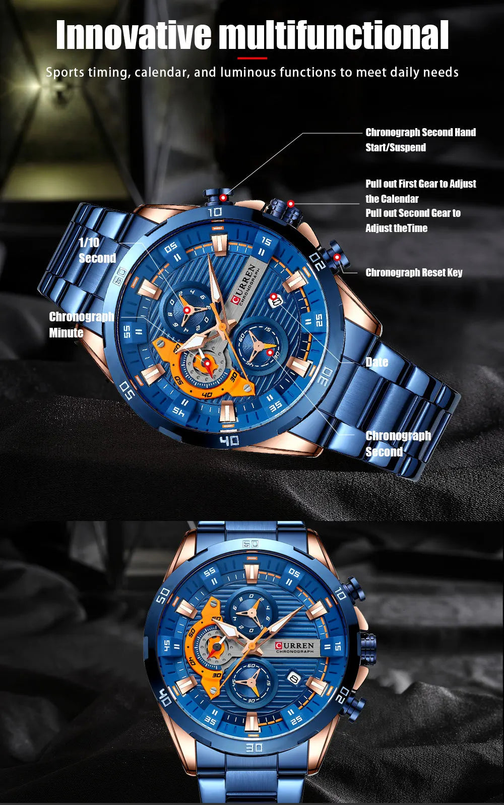 CURREN 8402 Creative Fashion Mens Business Casual Wristwatches Stainless Steel Luminous Dial Chronograph Clock