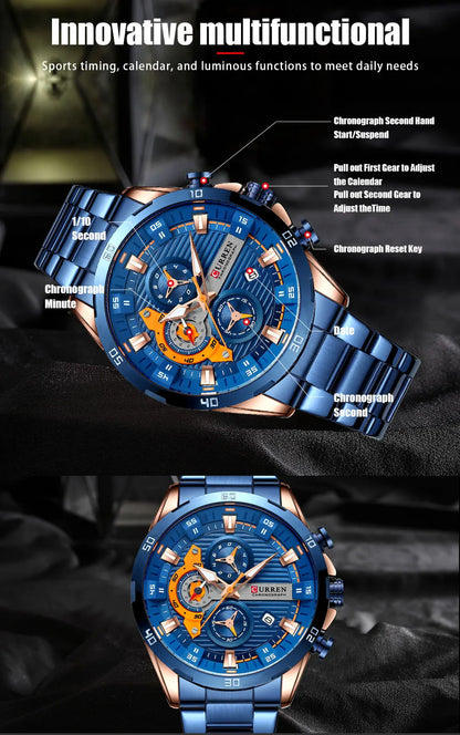 CURREN 8402 Creative Fashion Mens Business Casual Wristwatches Stainless Steel Luminous Dial Chronograph Clock