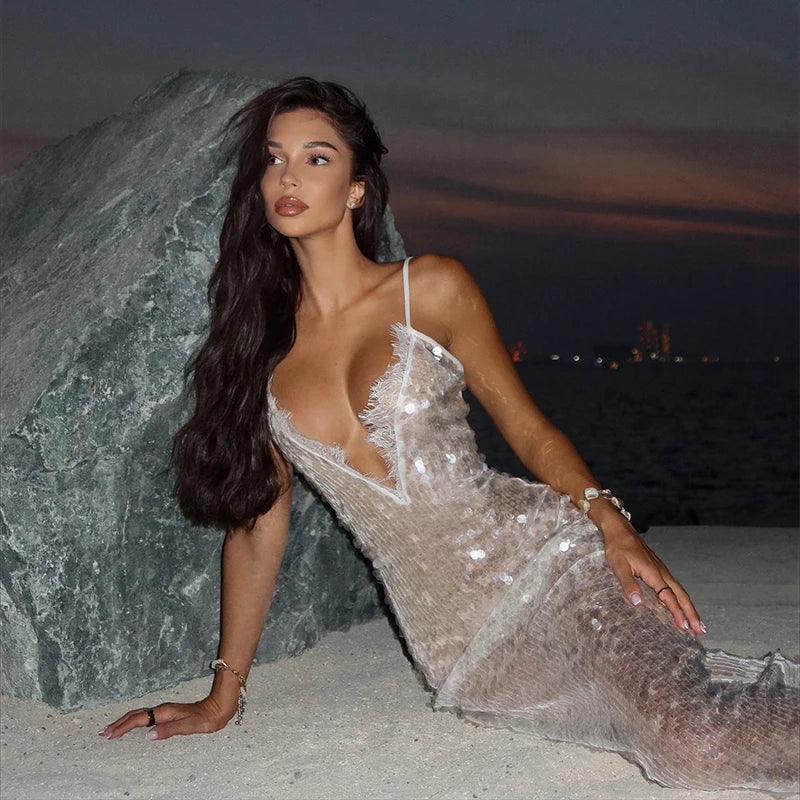 Sequins Lace Splicing Dress Women's Sexy V-veck Shiny Sleeveless Backless Sling Dresses 2026 Spring Summer New Ladies Beach Robe