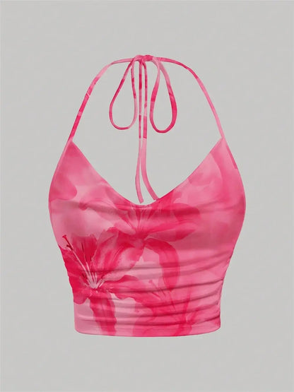 Tie-dye Floral Print Halter Top for Women Summer Y2K Clothes Sexy Backless Drape V-neck Crop Top Streetwear