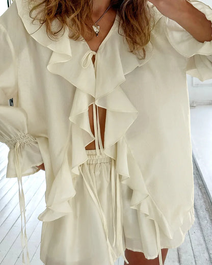 Casual Ruffled Shirt Shorts 2-Piece Set Women V Neck Flare Sleeve Lace-up Loose Blouse Shorts Suit Summer Beach Vacation Outfits