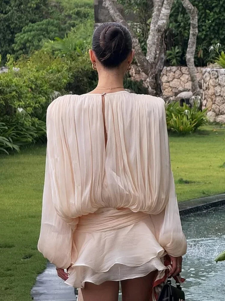 Women Solid O-neck Long Lantern Sleeve Short Dress Fashion Pleated High Waist Lace-up Mini Dresses Summer Vocation Lady Robe