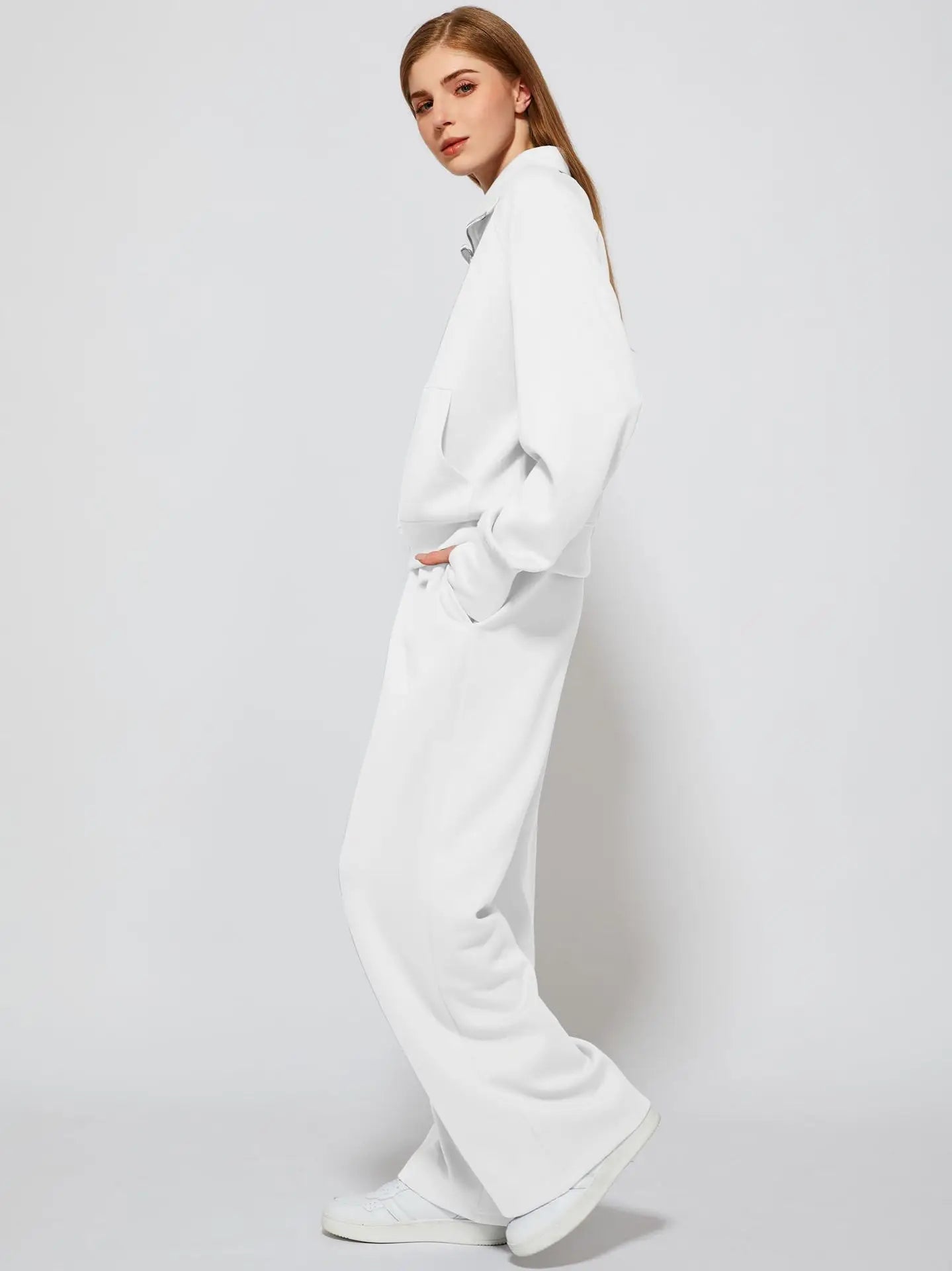 Woman Solid Color Half Zip Long Sleeve Sweatshirt and Wide Leg Pants Set Casual Sporty Two Piece Outfit