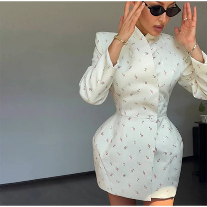 White Waist Cinching Floral Shoulder Pad Blazer Long Sleeve Single Breasted Jacket for Summer 2025 Elagant Female Outwear
