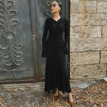 Women Elegant Ruffle Hem White Long Dress Fashion Shirring V-neck Flare Long Sleeve Dresses 2024 New Evening Party Robes Vestido