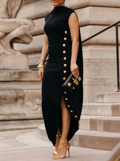 Freeacy Classy Party Dresses for Women Shawl Collar Sleeveless Side-Buttoned Split-side Maxi Dress Elegant Evening Dress