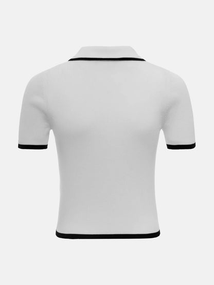 Tossy Knit Sweater Pullover Women Short Sleeve Patchwork Slim Lapel Elegant Contrast Knitwear Top Female Skinny Ribbed Pullover