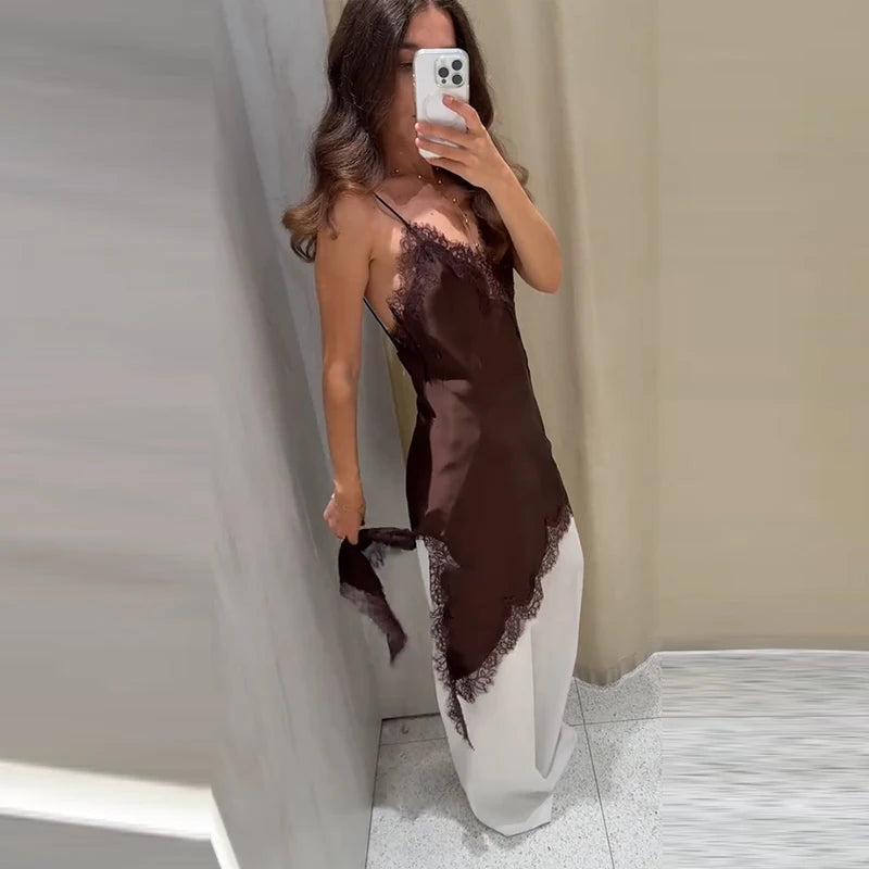 Sexy Satin Sexy Lace Spliced Sling Dress Women V-neck Sleeveless Backless Asymmetric Party Dresses 2025 Summer Vestidos