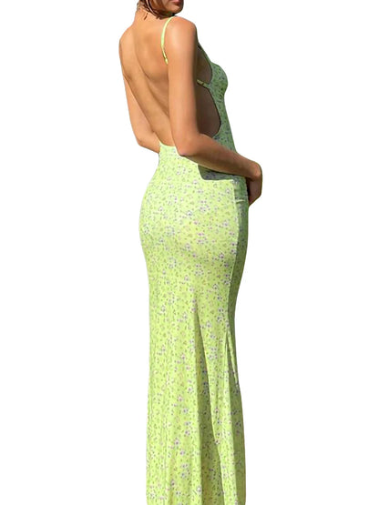 New Fashion Women´s Sexy Dress, Spaghetti Strap Sleeveless Backless Slim Fit Floral Printed Long Dresses