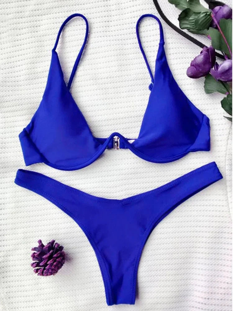 Sexy Neon V-bar Underwired Bikini 2025 Female Ribbed Swimsuit Women Thong Swimwear Two-pieces Bikini set Push up Bathing Suit