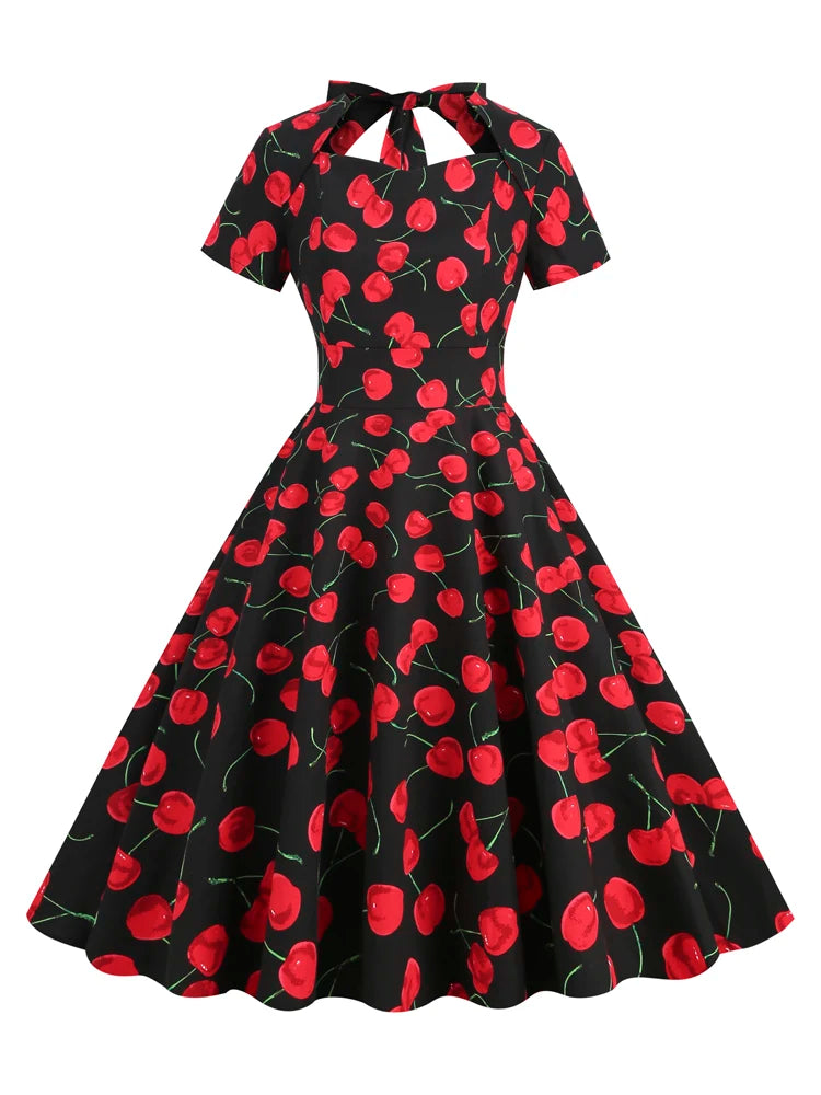 Tonval Sweetheart Neck High Waist Cherry Vintage 50s Midi Dress Short Sleeve Backless Women Tie Back Cotton Rockabilly Dresses