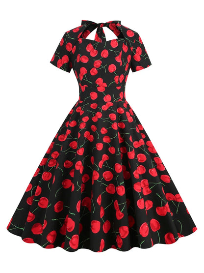 Tonval Sweetheart Neck High Waist Cherry Vintage 50s Midi Dress Short Sleeve Backless Women Tie Back Cotton Rockabilly Dresses