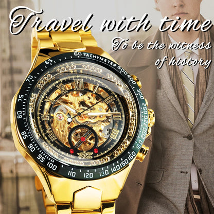 WINNER Gold Transparent Skeleton Automatic Watch for Men Luminous Pointers Luxury Brand Stainless Steel Strap Mechanical Watches