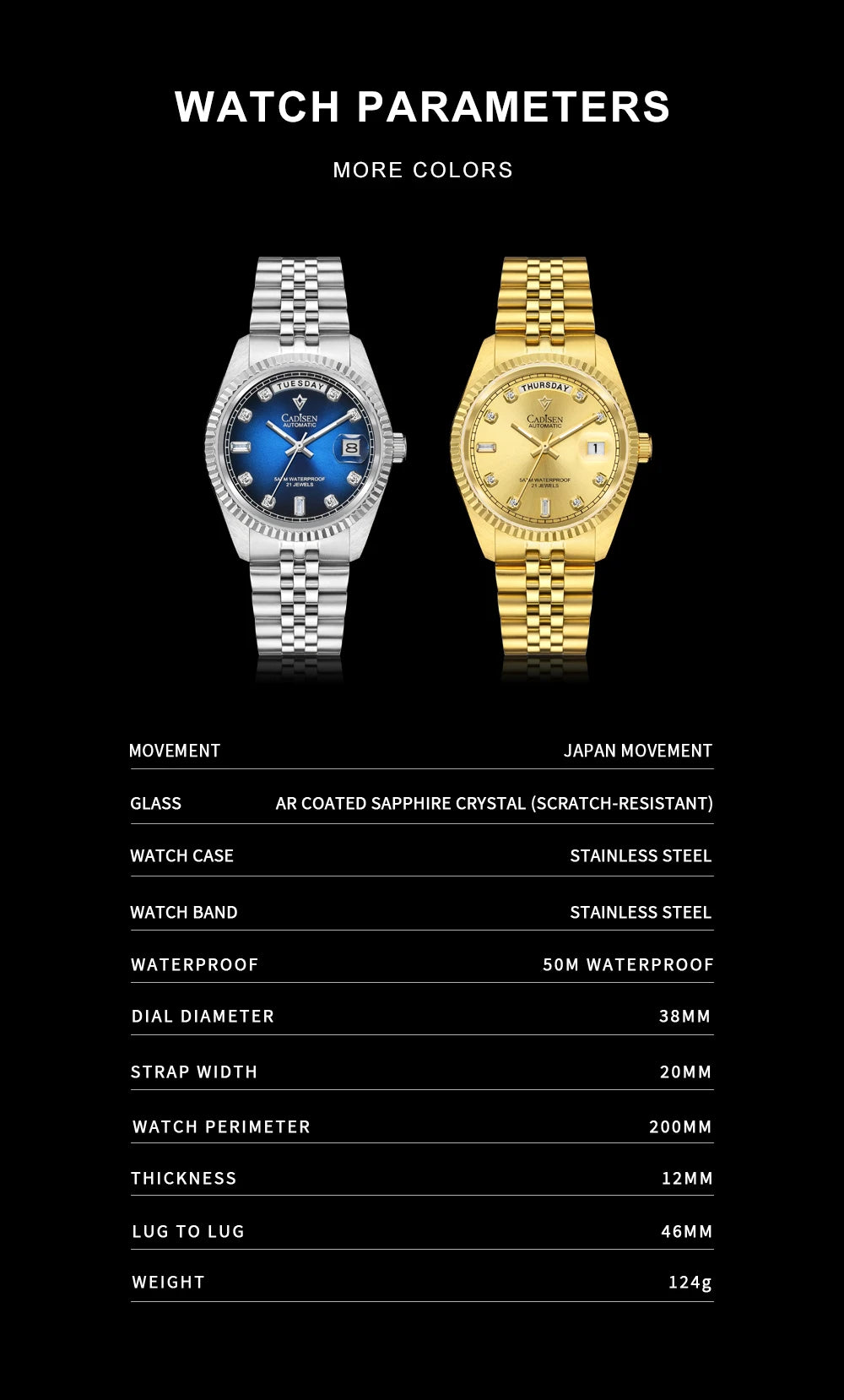 2024 New CADISEN Top Brand 38mm Men's Automatic Mechanical Watches luxury Sapphire Stainless Steel Men watch reloj hombre 5 bar