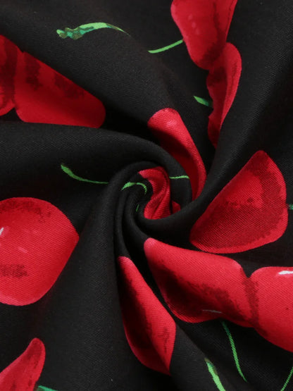 Tonval Sweetheart Neck High Waist Cherry Vintage 50s Midi Dress Short Sleeve Backless Women Tie Back Cotton Rockabilly Dresses