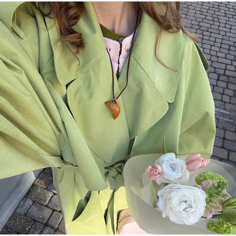 Women Green Lapel Trench Coat Fashion Belted Long Sleeve Loose Outerwear Chic 2025 New Autumn Street Travel Leisure Lady Outwear