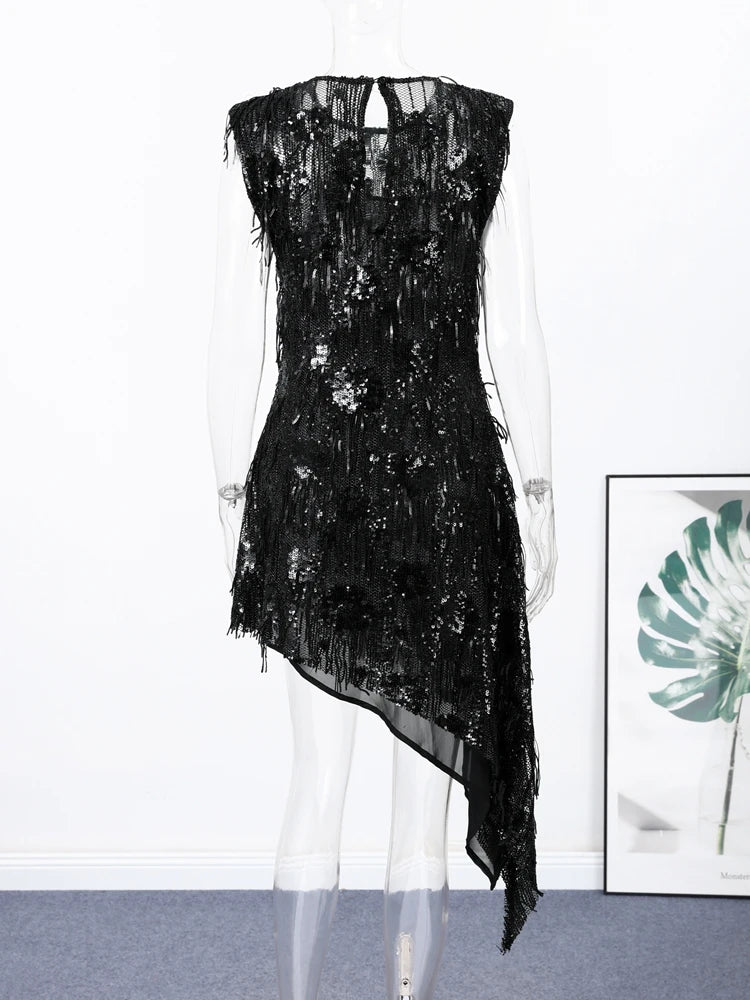 Women Dress Female Clothing Evening Dresses Sleeveless Sequin Dress Sexy Mini Dresses Fringe Hem Gown Trendy Party Clothes