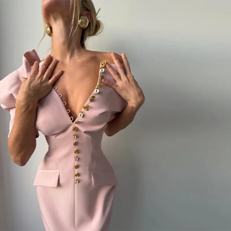 Chic Single Breasted Women's Dress Short Sleeve Slim Female Long Dresses 2026 Spring Summer Elegant Party Front Split Lady Robe