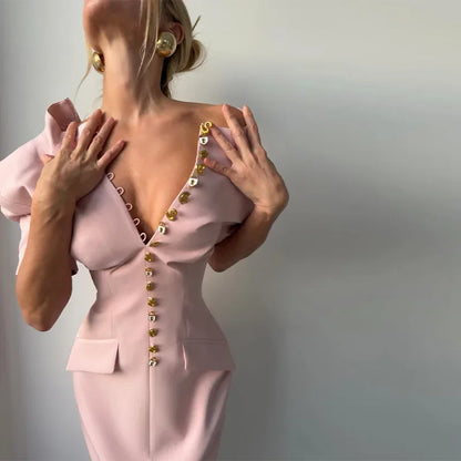 Chic Single Breasted Women's Dress Short Sleeve Slim Female Long Dresses 2026 Spring Summer Elegant Party Front Split Lady Robe