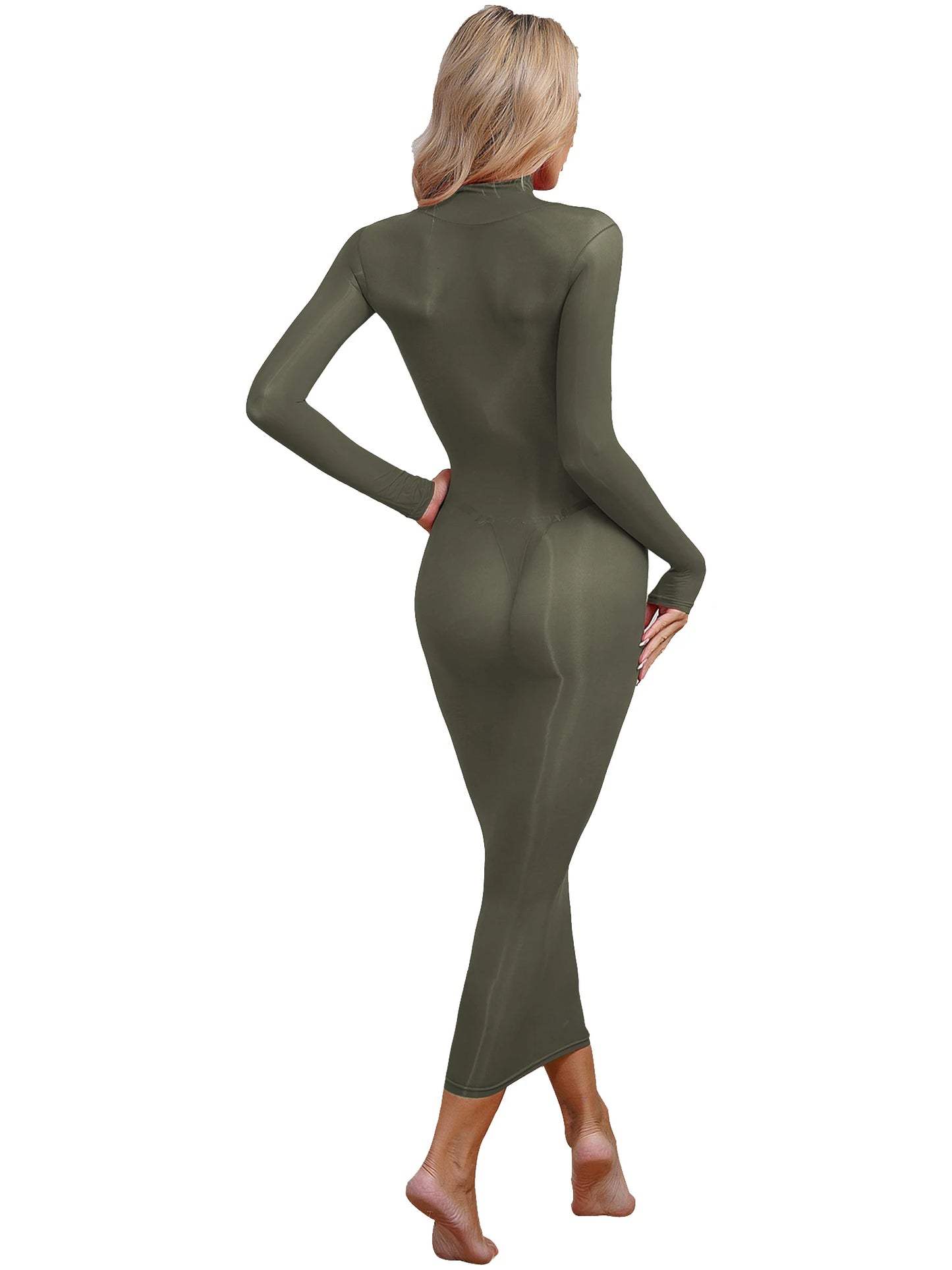 Womens See Though Bodycon Dress Sexy Lingerie Nightwear Long Sleeve Stretchy Glossy Dresses Tempting Party Pole Dancing Clubwear