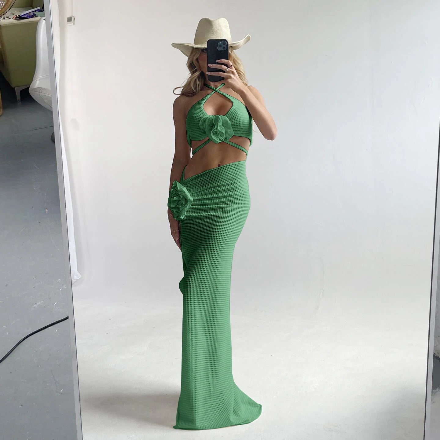 2025 3pack Bikini with Beach Skirt Swimwear Women 3D Flower Swimsuit Halter Bathing Suit Beachwear Bikini Set Biquini