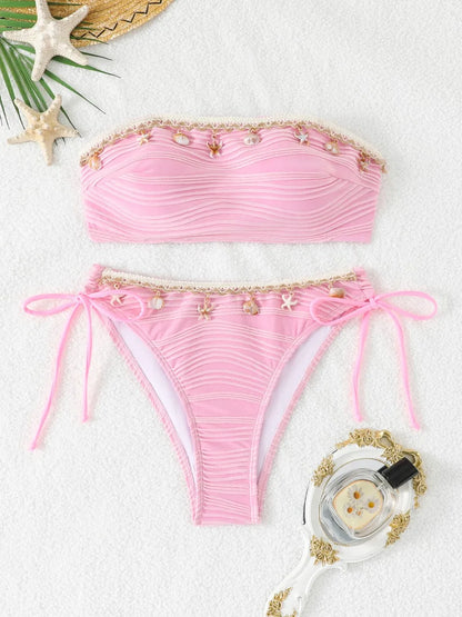 2026 Women Sexy Thong Swimsuit Push Up Swimwear Contrast Binding Bandeau Bikinis Female Bathing Suit Swimming Summer Beachwear