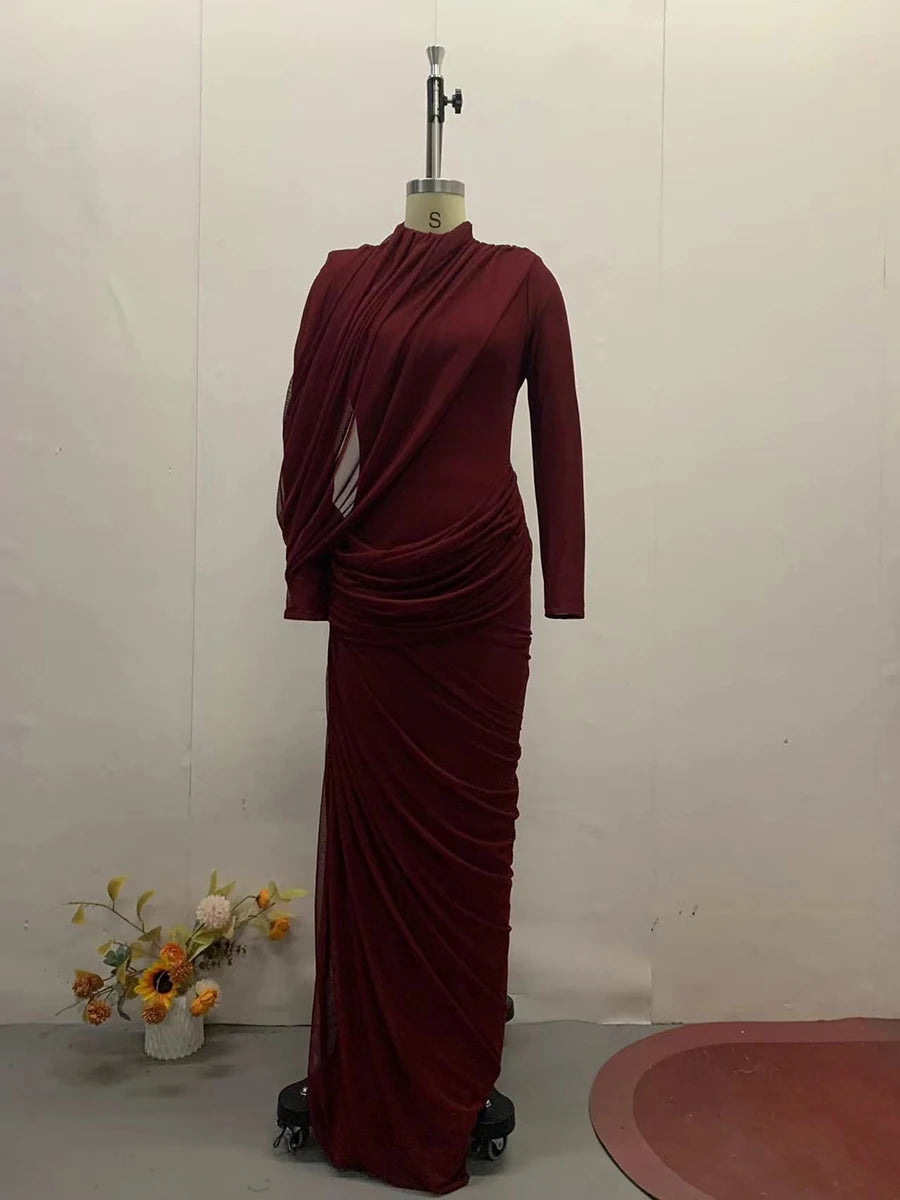 VGH Elegant Vintage Spliced Ribbon Dresses for Women Turtleneck Long Sleeve Irregular Folds Evening Luxurious Maxi Dress Female