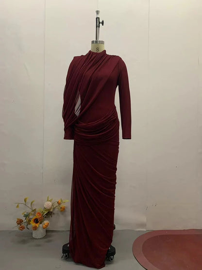 VGH Elegant Vintage Spliced Ribbon Dresses for Women Turtleneck Long Sleeve Irregular Folds Evening Luxurious Maxi Dress Female