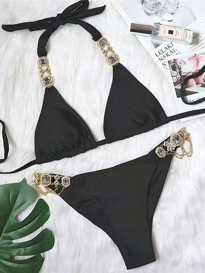 2026 Shiny Rhinestone Diamond Bikini Women Swimsuit Female Swimwear Two Pieces Bikini Set Halter Metal Chains Bathing Suit Swim