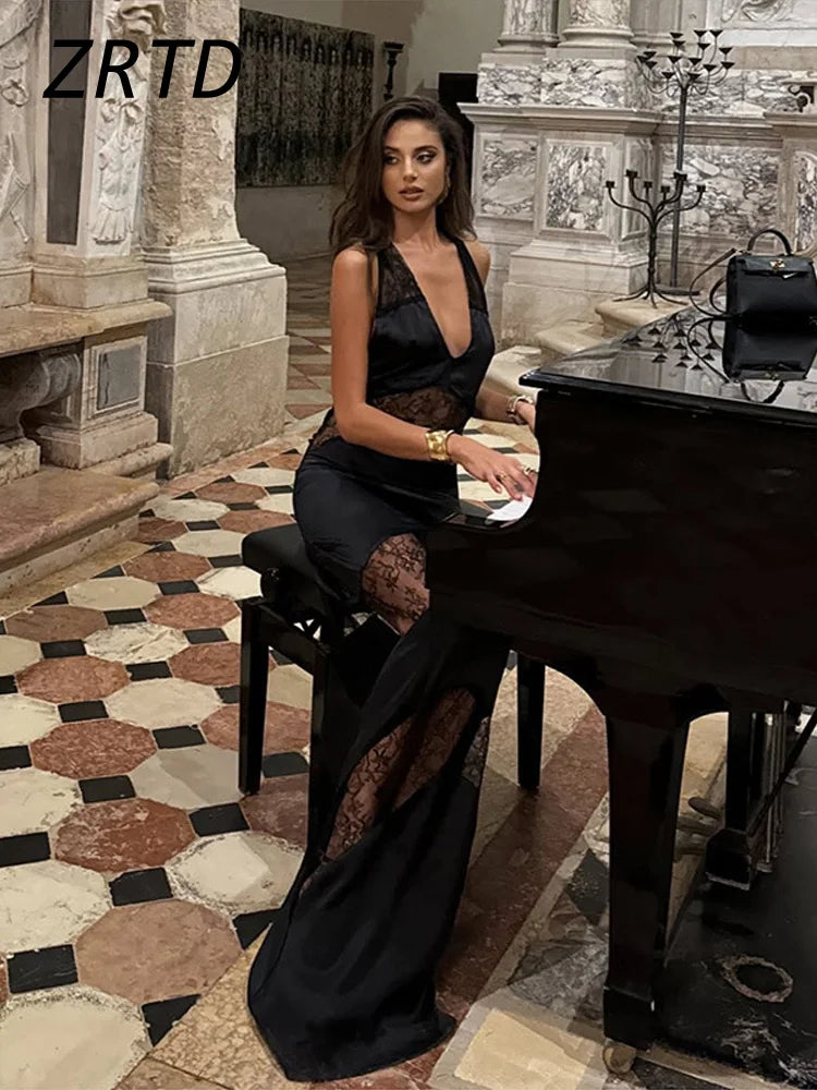 Elegant Lace Spliced Halter Long Dress Women Sexy Backless See Through Female Party Dresses 2025 Summer Lady Chic Evening Gowns