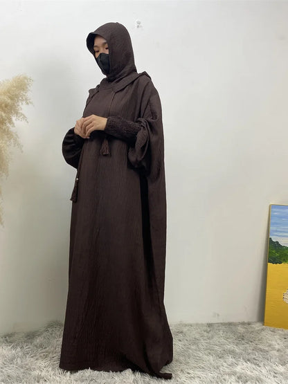 Hot Seller Ramadan Islamic Clothing Wrinkle Polyester Hoodie Abaya Dress With Undercap Muslim Women Abaya Hoodie Causal Dresses