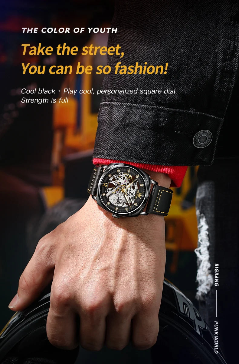 OLEVS 6651 Transparent Hollow Automatic Watches for Men Leather Strap Tonneau PUNK Style Mechanical Writwatch Luxury Man Watch