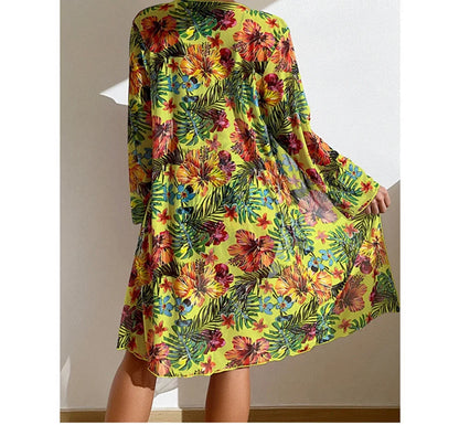 Sexy High Waisted Bikini 3 Pieces Floral Printed Swimsuit Size 3XL-S Women Bikini Set With Mesh Long-Sleeved Blouse Super Sales