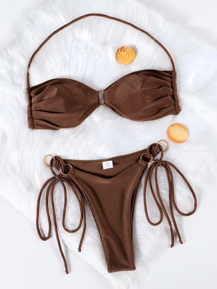 Solid Swimsuit Women Bathing Suit Bandeau Bikini 2026  Biquinis Feminino Swimwear High Waist Bikini Set Beachwear Sexy Bikinis