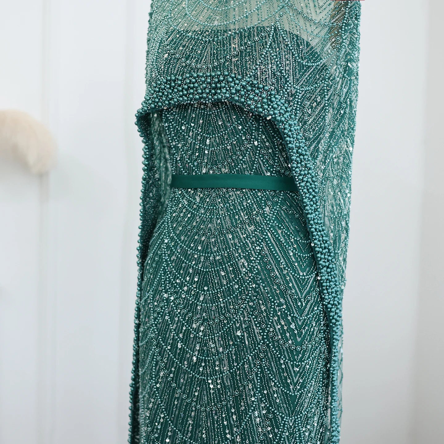 Sharon Said Luxury Pearls Dubai Champagne Evening Dresses with Cape New Arabic Women Mermaid Wedding Party Prom Dress SS369